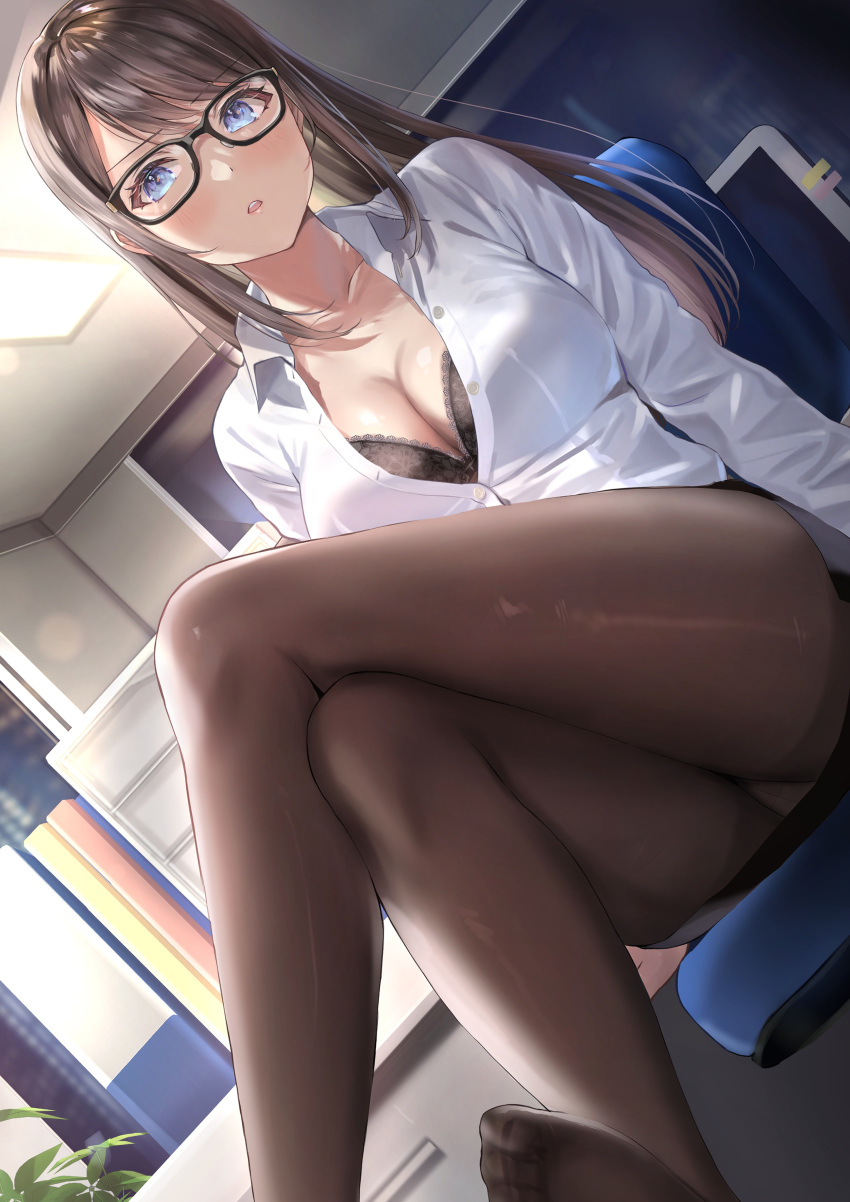 1girl absurdres black_bra black_legwear blue_eyes bra breasts cleavage collarbone formal from_below glasses highres long_hair mature_female office office_lady open_mouth original pantyhose pencil_skirt sakamuke shirt skirt thighs underwear white_shirt