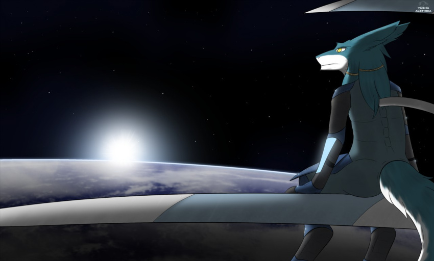 accessory ambiguous_gender anthro clothed clothing earth fur giru_(artist) green_body green_fur hair_accessory hairband looking_away looking_down planet sergal sitting solo space spacesuit star sun tube unknown_character white_body white_fur yellow_eyes