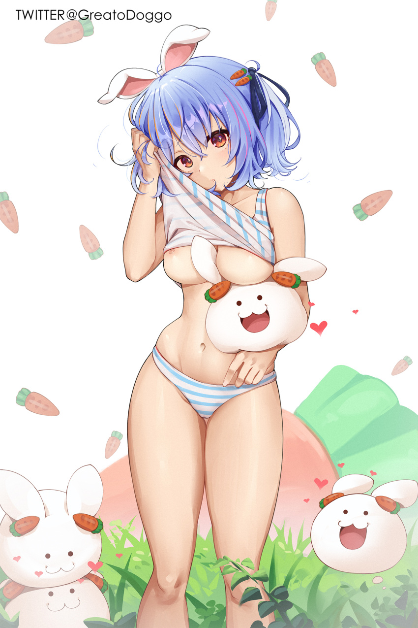 1girl bangs bare_arms between_breasts blue_hair breasts brown_eyes carrot carrot_hair_ornament clothes_lift commentary english_commentary eyebrows_visible_through_hair feet_out_of_frame food-themed_hair_ornament grass greatodoggo hair_ornament hair_ribbon highres hololive lifted_by_self looking_at_viewer medium_breasts multicolored_hair navel nipples nousagi_(usada_pekora) open_mouth panties parted_lips ribbon shirt shirt_lift short_eyebrows short_hair sleeveless sleeveless_shirt solo standing stomach streaked_hair striped striped_panties striped_shirt thick_eyebrows underwear usada_pekora