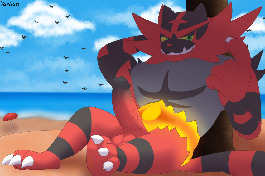 absurd_res balls beach beckoning bedroom_eyes claws cloud detailed_background digital_media_(artwork) erection feet felid feline fur genitals gesture hair half-closed_eyes hand_behind_head hi_res humanoid humanoid_genitalia humanoid_penis incineroar looking_at_viewer lounging male mammal narrowed_eyes nintendo outside palm_tree pantherine penis plant pok&eacute;mon pok&eacute;mon_(species) red_body red_fur sand seaside seductive sky smile solo stripes teeth tiger tree umbrella varium vein veiny_penis video_games water