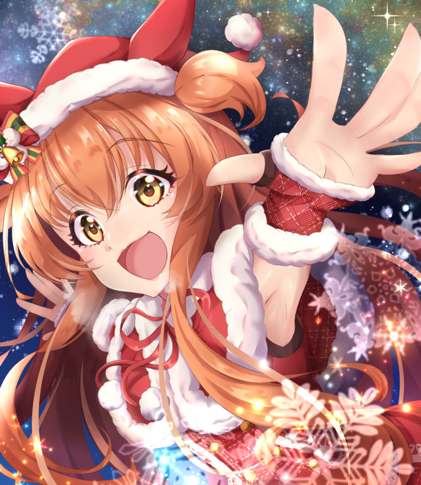 1girl :d animal_ears armpits bangs bow capelet christmas commentary_request dress eyebrows_visible_through_hair foreshortening fur-trimmed_capelet fur_trim gloves half_gloves hat hat_bell hat_bow highres hiroyasu_(torafuzame) horse_ears horse_girl leaning_forward long_hair looking_at_viewer mayano_top_gun_(umamusume) miracles_of_the_holy_night_(umamusume) official_alternate_costume open_mouth orange_eyes orange_hair outstretched_arms partial_commentary reaching red_capelet red_dress red_gloves red_headwear santa_dress santa_gloves santa_hat sky sleeveless sleeveless_dress smile snowflakes solo sparkle spread_arms star_(sky) starry_sky two_side_up umamusume upper_body