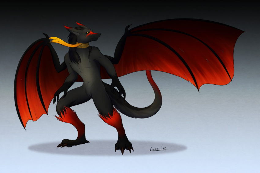 a_star_ulven anthro black_body black_fur black_hair canid canine canis claws fur giru_(artist) hair looking_back male mammal membrane_(anatomy) membranous_wings mostly_nude notched_wings red_body red_fur red_wings scarf scarf_only solo standing wings wolf yellow_eyes yellow_scarf