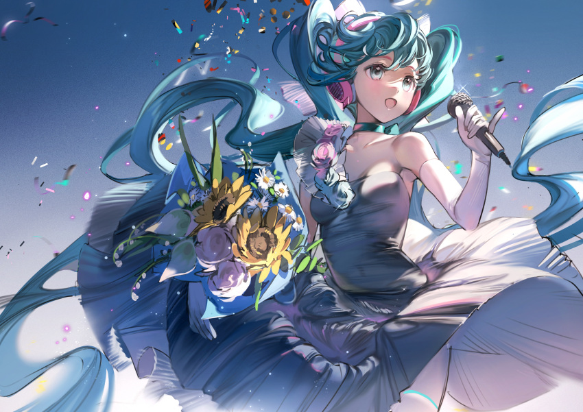 1girl :d absurdres aqua_eyes aqua_hair bangs black_dress bouquet bow breasts cleavage collar collarbone commentary cowboy_shot dress elbow_gloves gloves hair_between_eyes hair_bow hatsune_miku headphones highres holding holding_microphone light_blush long_hair microphone open_mouth rumoon sky small_breasts smile solo sparkle standing strapless strapless_dress thighhighs twintails vocaloid white_bow white_gloves white_legwear