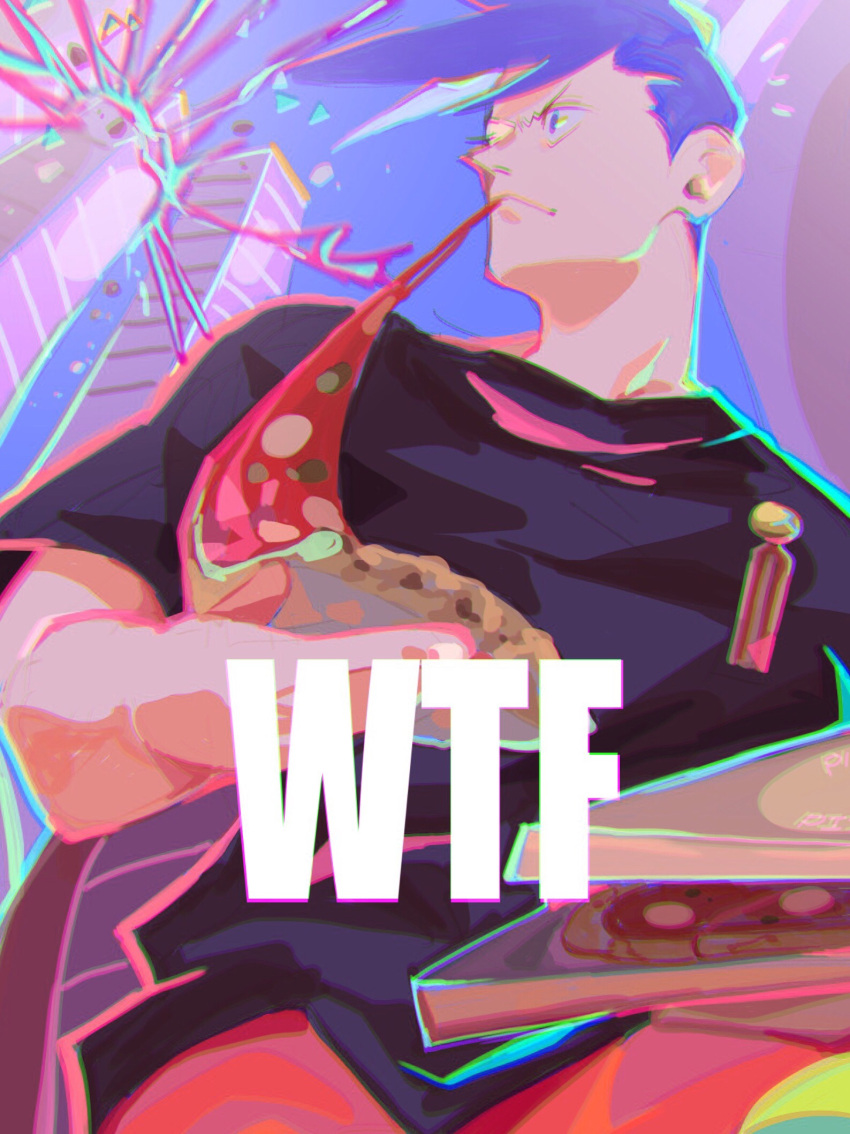 1boy badge blue_eyes blue_hair building casual chromatic_aberration eating explosion fire food galo_thymos green_fire highres jonya male_focus pizza pizza_box pizza_slice promare purple_fire shirt skyscraper solo spiked_hair t-shirt what