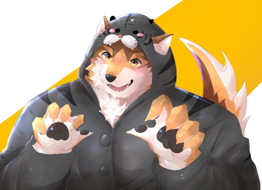 anthro barrel_(live-a-hero) blush bust_portrait canid canine canis fur hi_res hood lifewonders live-a-hero male mammal multicolored_body multicolored_fur onesie pawpads pn_type portrait video_games wolf