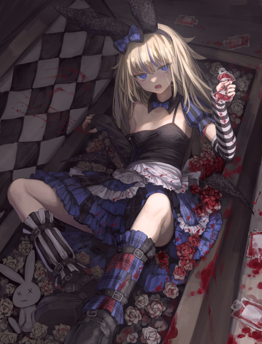 1girl animal_ears bare_shoulders belt black_footwear black_gloves black_hairband black_nails blonde_hair blood blood_bag blood_on_clothes blood_on_dress blood_on_flower blood_on_hands blue_bow blue_dress blue_eyes blue_hair blush bow checkered coffin dress elbow_gloves eyebrows_visible_through_hair eyes_visible_through_hair fake_animal_ears fangs fingerless_gloves fingernails flower frilled_dress frills gloves hair_between_eyes hair_bow hairband highres holding long_fingernails long_hair low_wings mini_wings multicolored_hair open_mouth original osabachan patterned plaid plaid_bow puffy_sleeves rabbit_ears rose single_bare_shoulder slit_pupils solo squeezing streaked_hair striped stuffed_animal stuffed_bunny stuffed_toy teeth vampire white_flower white_rose wings x_x