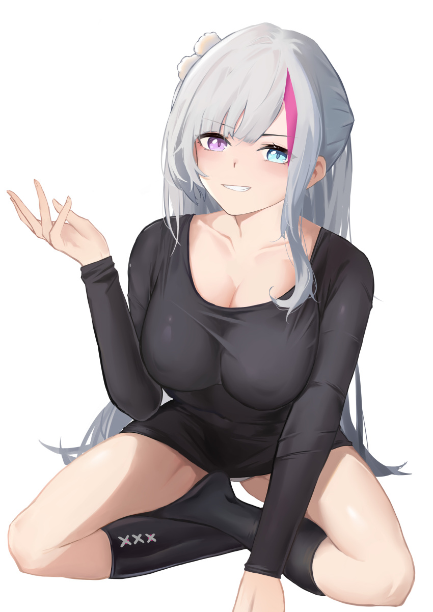 1girl absurdres arm_up bangs black_dress black_legwear breasts cleavage collarbone dress eyebrows_visible_through_hair full_body girls'_frontline girls'_frontline_neural_cloud hand_on_floor heterochromia highres light_blue_eyes light_purple_eyes long_hair looking_at_viewer mdr_(girls'_frontline) medium_breasts multicolored_hair on_floor open_mouth silver_hair smile socks solo teeth white_background xiaobei