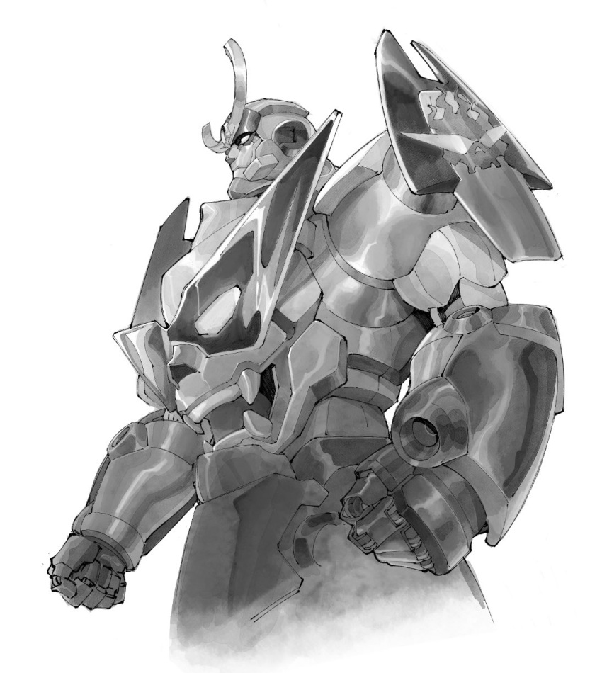 clenched_hands cropped_legs greyscale gurren-lagann highres looking_ahead mecha monochrome olympia_sweetman science_fiction solo super_robot tengen_toppa_gurren_lagann white_background