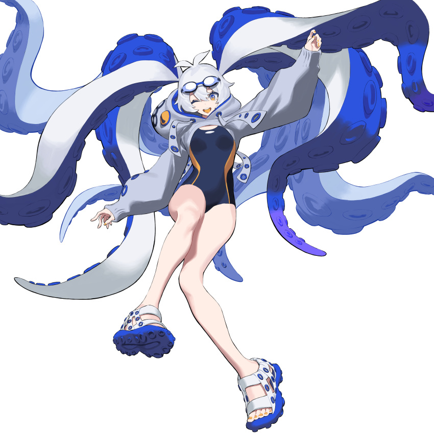 1girl ;d absurdres antenna_hair bare_legs blue_swimsuit breasts commission competition_swimsuit goggles goggles_on_head gradient_eyes grey_sleeves highres hood hood_down kokonotsunbai long_hair long_sleeves looking_at_viewer multicolored_eyes one-piece_swimsuit one_eye_closed open_mouth original round_teeth sandals shoe_soles short_hair shrug_(clothing) skeb_commission sleeves_past_wrists small_breasts smile solo swimsuit teeth tentacle_girl tentacle_hair tentacles two-tone_footwear very_long_hair white_hair