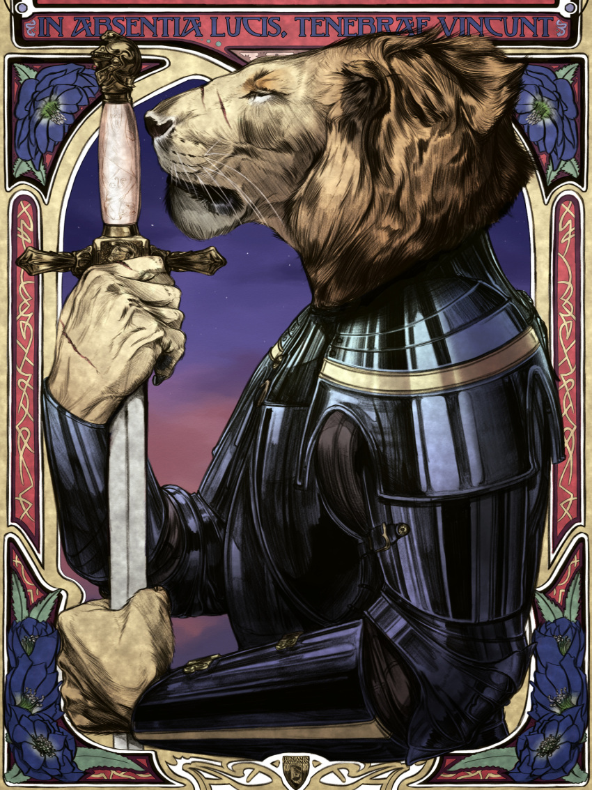 3:4 anthro armor art_nouveau benjamin_ratterman black_clothing clothing digital_drawing_(artwork) digital_media_(artwork) engraving eyes_closed felid feline felis flower gold_accessory hand_on_weapon hi_res knight latin_text lion male mammal melee_weapon pantherine plant portrait poster solo sword text warrior weapon