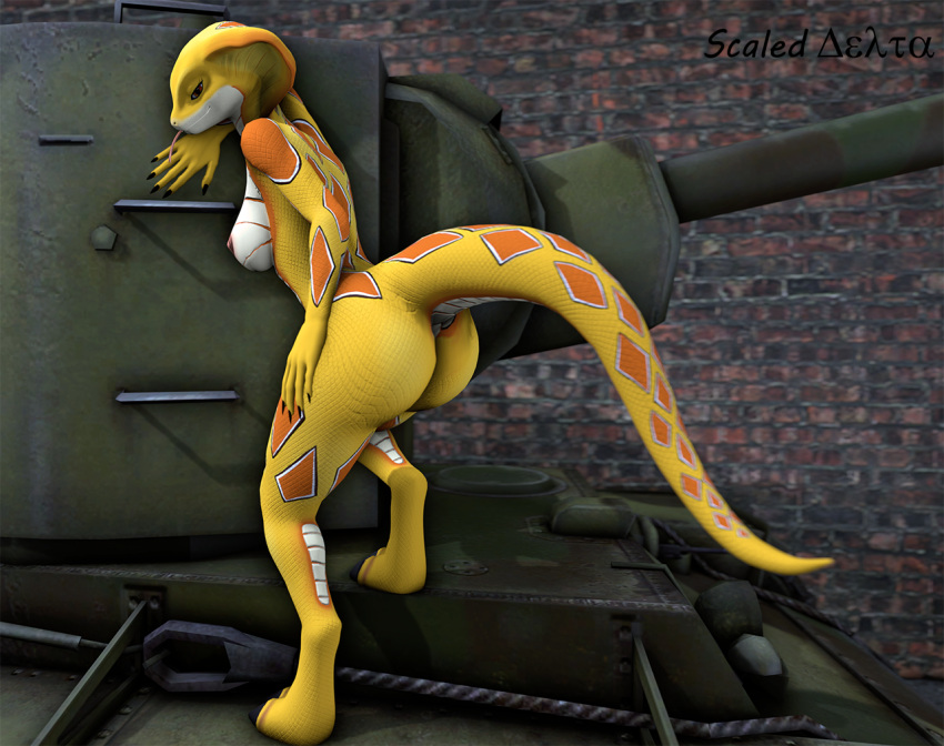 2022 3d_(artwork) anthro anthrofied arm_support big_butt breasts butt digital_media_(artwork) digitigrade female forked_tongue kv-2 leaning_on_elbow leaning_on_object looking_at_viewer military_vehicle nails nipples non-mammal_breasts non-mammal_nipples nude orange_body orange_eyes orange_scales out outside pupils rear_view reptile scaleddelta scales scalie smile solo source_filmmaker tank tongue tongue_out vehicle video_games viper_(x-com) white_body white_scales x-com yellow_body yellow_scales