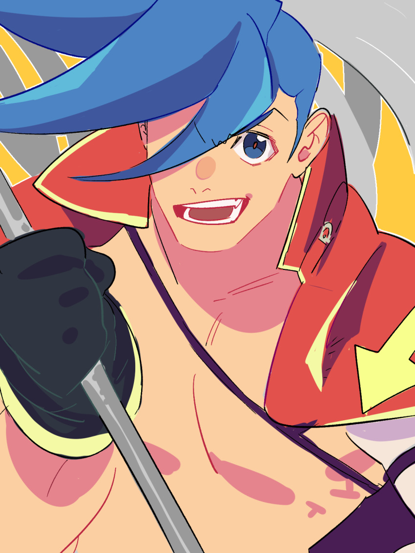 1boy blue_eyes blue_hair cape flag galo_thymos gloves hair_over_one_eye highres holding holding_polearm holding_weapon jonya male_focus matoi polearm promare sidecut solo spiked_hair topless_male weapon