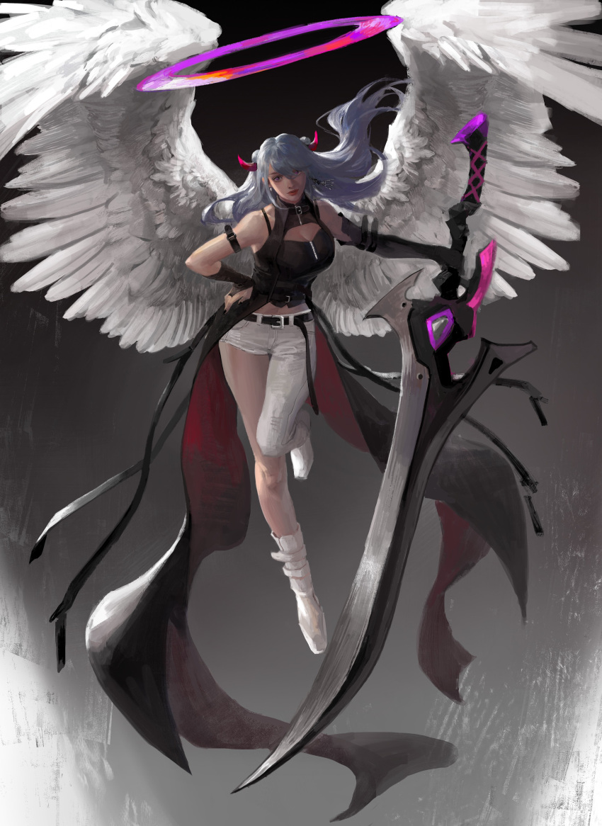 1girl absurdres angel angel_wings arm_belt bare_shoulders belt black_gloves black_nails breasts bridal_gauntlets cleavage cleavage_cutout closed_mouth clothing_cutout collarbone earrings elbow_gloves feathered_wings fingernails gloves grey_hair hair_between_eyes halo hand_on_hip highres holding holding_sword holding_weapon horns huge_weapon jewelry long_hair looking_at_viewer original pink_horns purple_eyes red_lips solo sword taak_choi weapon white_footwear wings zipper