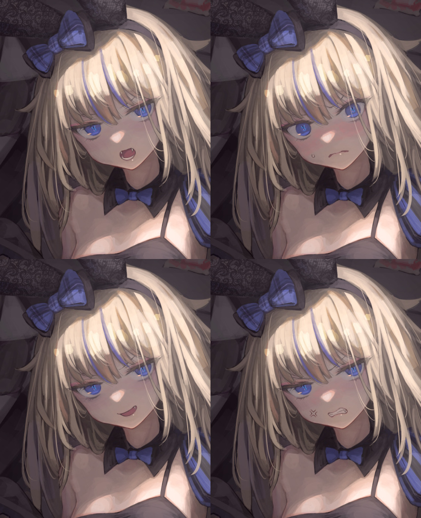 1girl anger_vein animal_ears bare_shoulders black_hairband blonde_hair blood blood_bag blue_bow blue_eyes blue_hair blush bow checkered clenched_teeth closed_mouth cropped_legs expressionless eyebrows_visible_through_hair eyes_visible_through_hair fake_animal_ears fangs grin hair_between_eyes hairband highres long_hair multicolored_hair multiple_views open_mouth original osabachan patterned plaid plaid_bow rabbit_ears single_bare_shoulder smile streaked_hair striped sweat teeth vampire