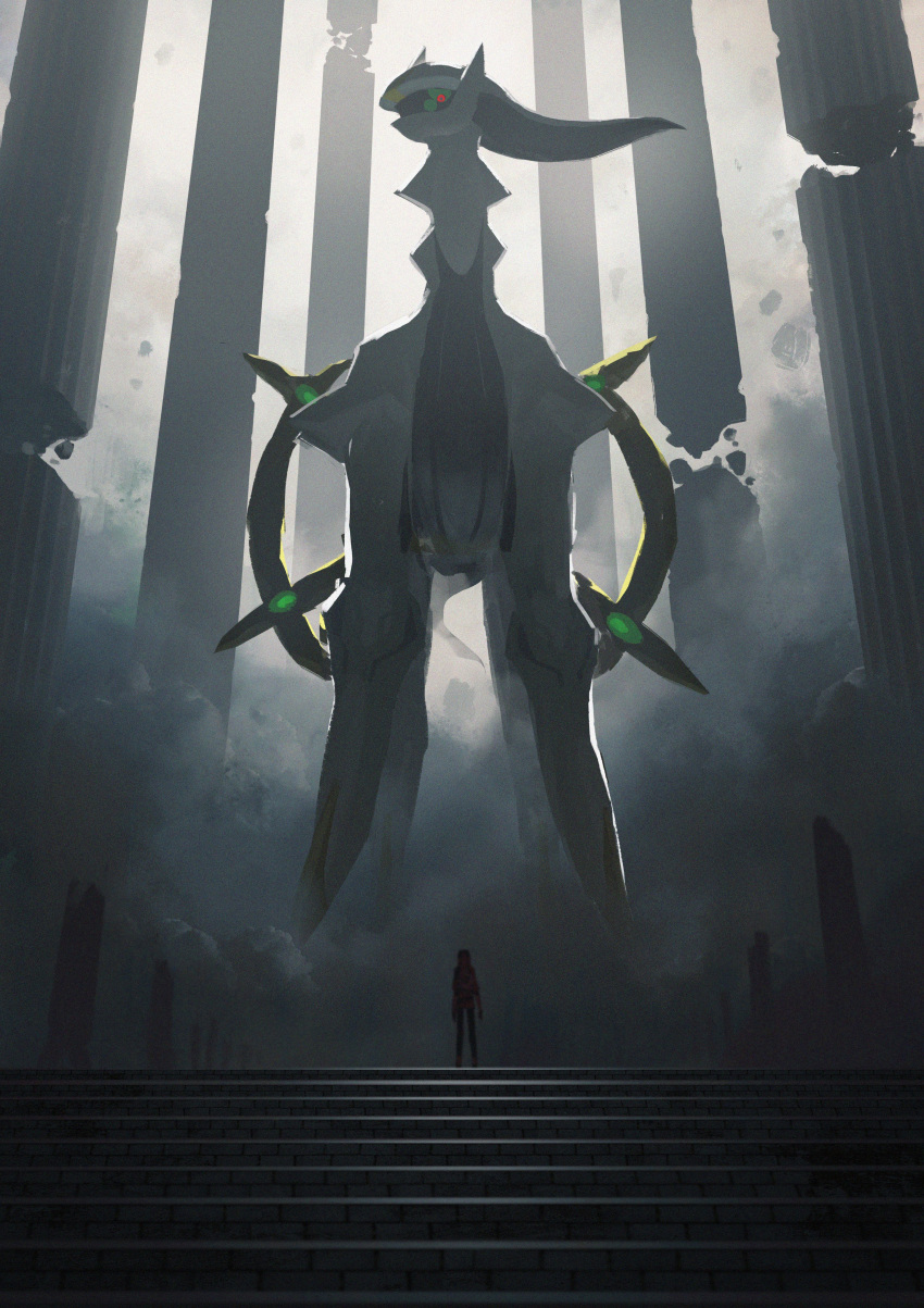 1other absurdres arceus asteroid_ill highres pillar pokemon pokemon_(creature) red_eyes size_difference spear_pillar spot_color