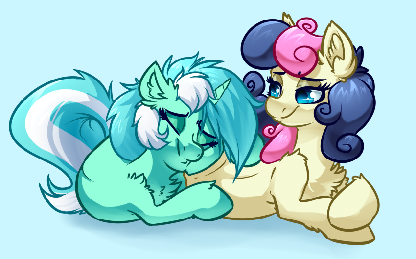 2021 absurd_res blue_eyes bonbon_(mlp) canon_couple duo earth_pony embrace equid equine female female/female feral friendship_is_magic fur green_body green_fur hair hasbro hi_res horn horse lyra_heartstrings_(mlp) mammal multicolored_hair my_little_pony pony resting_on_partner romantic romantic_couple simple_background tan_body tan_fur two_tone_hair unicorn witchtaunter