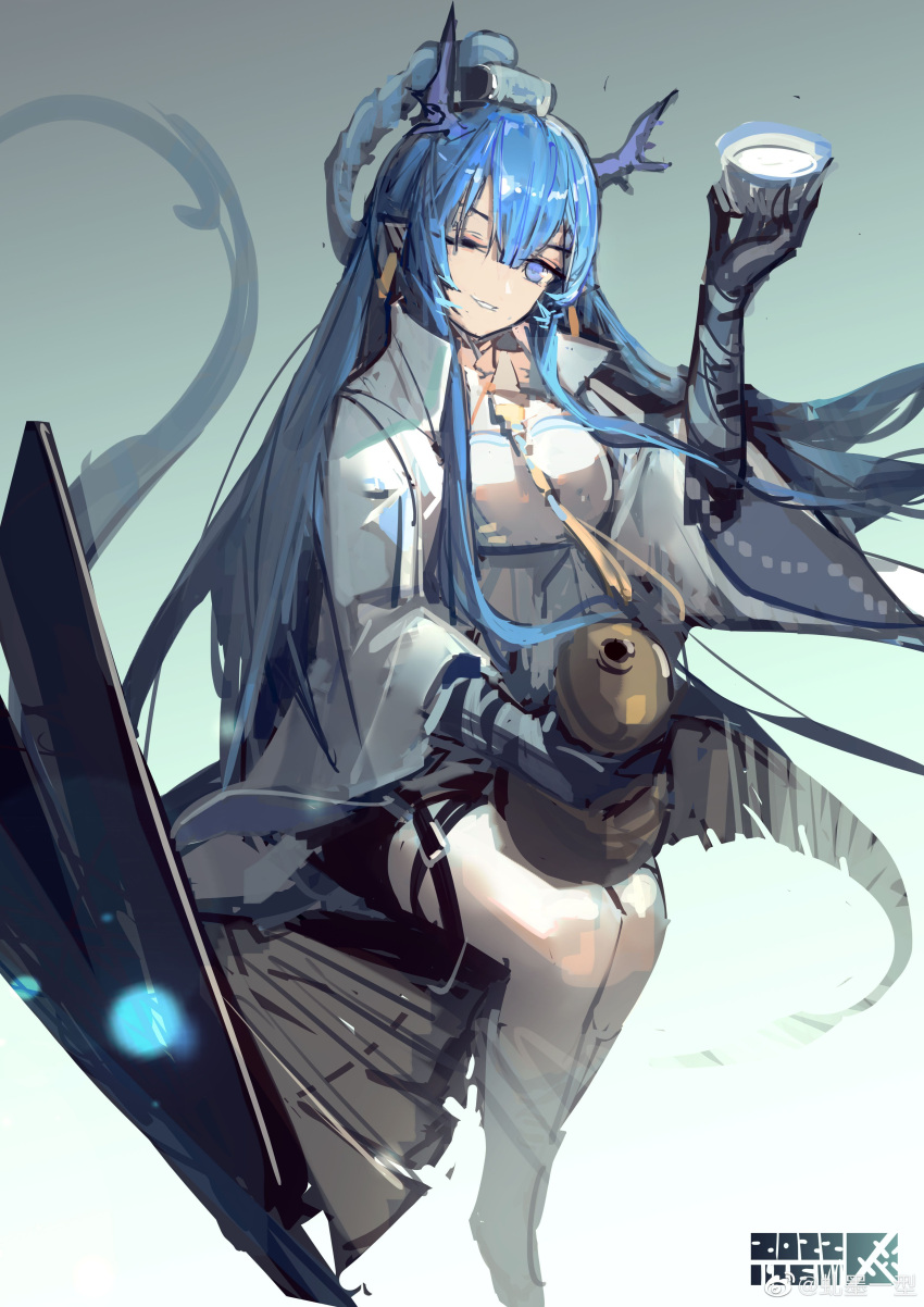 1girl ;d absurdres arknights artist_name bangs black_gloves blue_background blue_eyes blue_hair breasts cup dragon_girl dragon_horns dragon_tail dress earrings elbow_gloves eyebrows_visible_through_hair gloves gourd gradient gradient_background highres holding holding_cup horns jewelry ling_(arknights) long_hair long_sleeves looking_at_viewer medium_breasts necktie one_eye_closed parted_lips pointy_ears qiumoyixing sitting sketch smile solo tail very_long_hair weibo_username white_dress wide_sleeves yellow_necktie