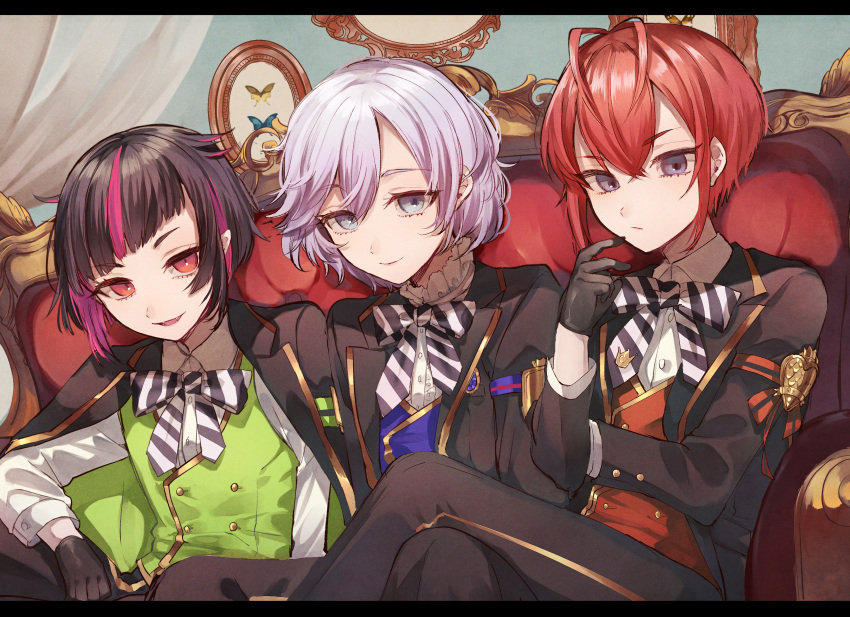 3boys absurdres androgynous black_hair blue_eyes bow epel_felmier gloves highres kenpin lilia_vanrouge multicolored_hair multiple_boys necktie pale_skin pink_hair pointy_ears purple_hair red_eyes red_hair riddle_rosehearts school_uniform striped twisted_wonderland