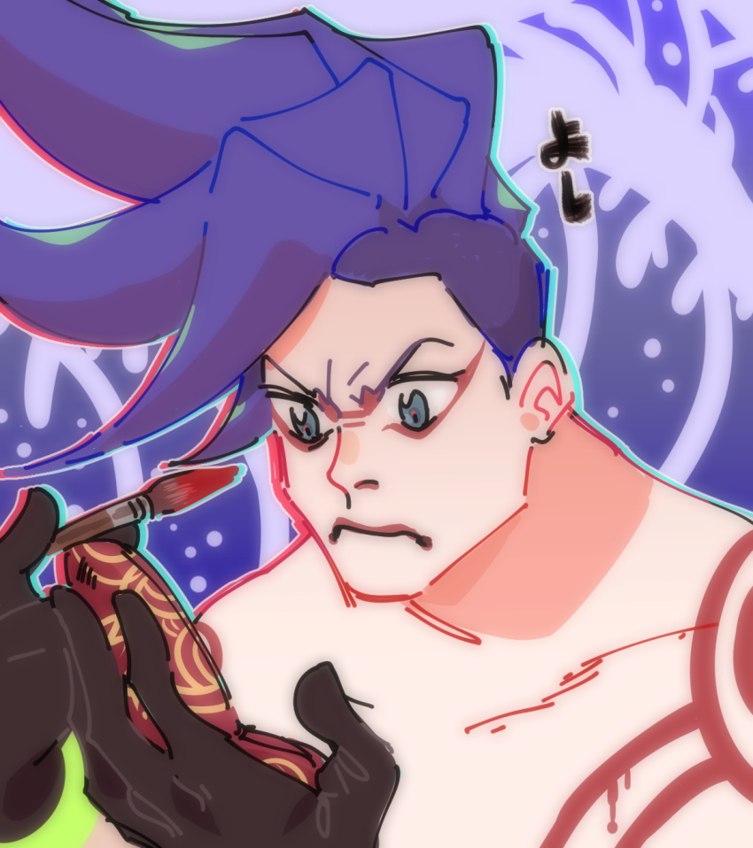 1boy applying_makeup blue_hair compact_(cosmetics) concentrating eyeliner galo_thymos gloves highres jonya makeup makeup_brush male_focus promare sidecut solo spiked_hair