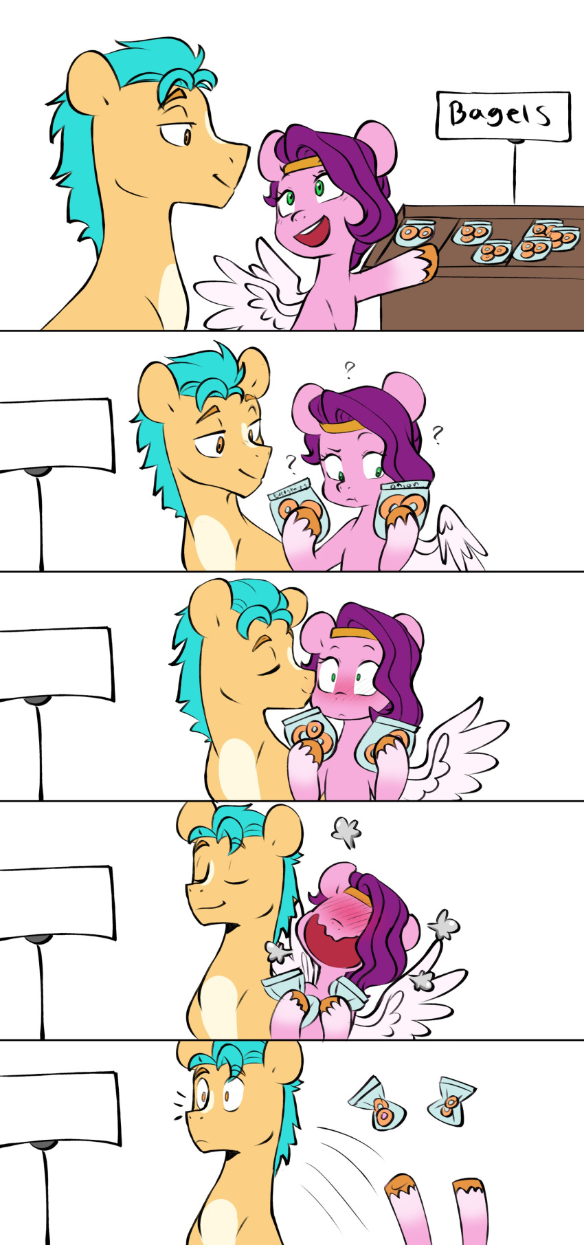 ? absurd_res bagel blush bread chub-wub collapse comic doodle-mark doodlemark earth_pony equid equine fainted food hair hasbro headpiece hi_res hitch_trailblazer_(mlp) horse kissing kissing_cheek mammal mlp_g5 my_little_pony pegasus pipp_petals_(mlp) pony purple_hair simple_background steam turquoise_hair white_background wings