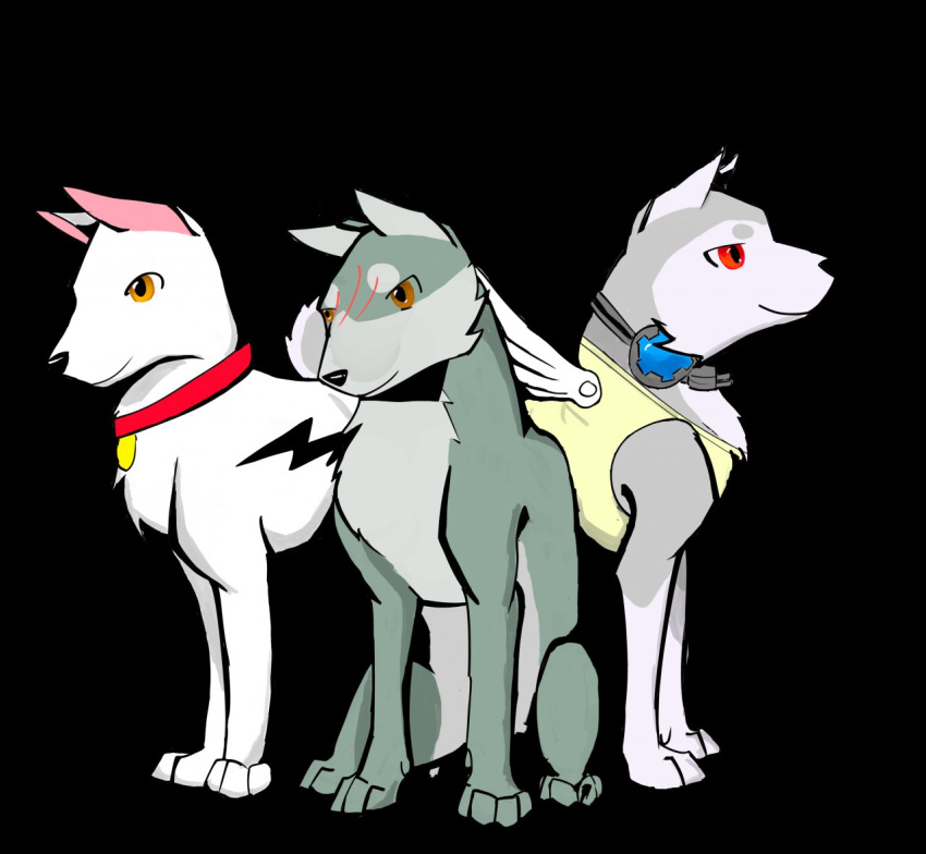 atlus bolt_(bolt) bolt_(film) canid canine canis collar disney domestic_dog fan_character feral group koromaru male mammal megami_tensei megami_tensei_persona orange_eyes red_eyes shiba_inu signature spitz trio trio_focus unknown_artist unknown_artist_signature video_games