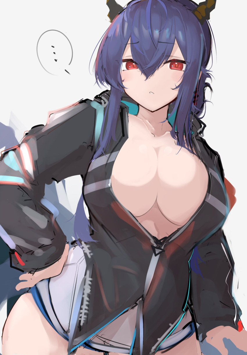 ... 1girl arknights asususususu bangs black_jacket blue_hair blush breasts ch'en_(arknights) ch'en_the_holungday_(arknights) cleavage collarbone cowboy_shot dragon_horns eyebrows_visible_through_hair hair_between_eyes hand_on_hip highres horns jacket large_breasts long_hair long_sleeves looking_at_viewer no_bra open_clothes open_jacket parted_lips red_eyes simple_background solo speech_bubble spoken_ellipsis track_jacket white_background