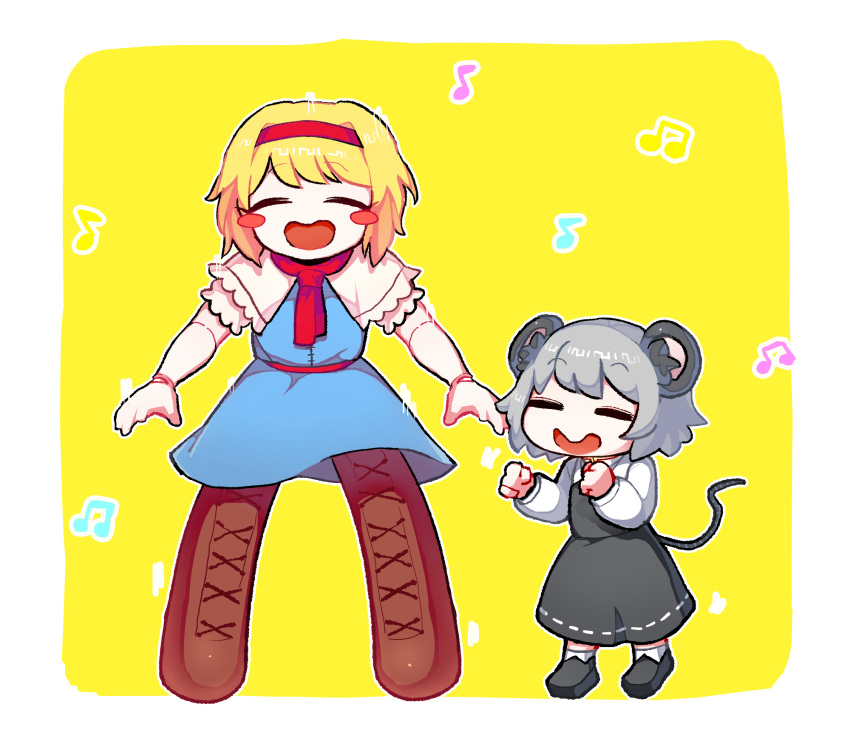 2girls alice_margatroid animal_ears bangs black_footwear blonde_hair blue_dress blush_stickers boots brown_footwear capelet clenched_hand closed_eyes commentary_request cookie_(touhou) dress eyebrows_visible_through_hair full_body grey_hair grey_skirt grey_vest hairband highres hita_(hizokuseikogeki) ichigo_(cookie) long_sleeves mouse_ears mouse_girl mouse_tail multiple_girls musical_note nazrin necktie nyon_(cookie) open_mouth puffy_short_sleeves puffy_sleeves red_hairband red_necktie shirt shoes short_hair short_sleeves skirt smile socks tail thigh_boots thighhighs touhou vest white_capelet white_legwear white_shirt