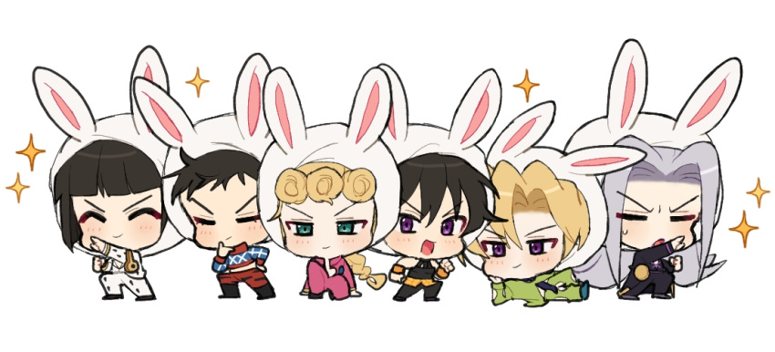 6+boys animal_ears animal_hood black_hair blonde_hair blue_eyes bruno_buccellati bunny_hood chibi chin_stroking closed_eyes fake_animal_ears fu_r_y giorno_giovanna guido_mista hood jojo_no_kimyou_na_bouken leone_abbacchio multiple_boys narancia_ghirga pannacotta_fugo pose purple_eyes sparkle vento_aureo