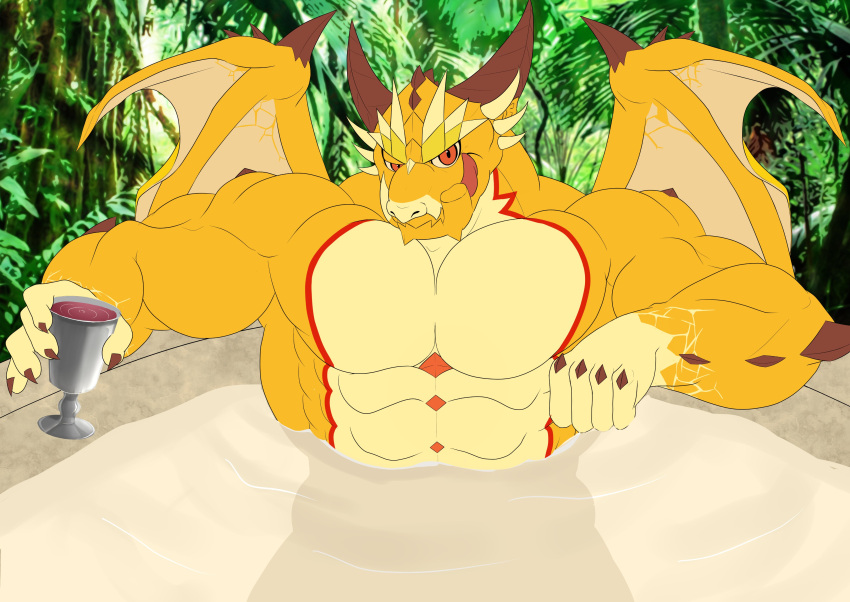 abs absurd_res anthro bathing beverage container cup dragon goblet hi_res horn hot_tub licking licking_lips lifewonders looking_at_viewer male muscular muscular_anthro muscular_male ophion pecs scales tokyo_afterschool_summoners tongue tongue_out toranoyouhei video_games wings yellow_body yellow_scales