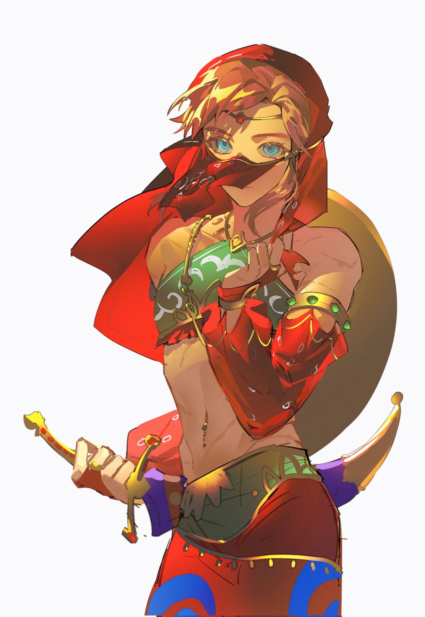 1boy alternate_color arabian_clothes armlet bare_shoulders blonde_hair bridal_gauntlets circlet closed_mouth collarbone commentary cowboy_shot crossdressing detached_sleeves duoj_ji gerudo_set_(zelda) grey_background halterneck hand_up harem_pants highres holding holding_weapon link looking_at_viewer male_focus midriff mouth_veil navel navel_piercing official_alternate_costume otoko_no_ko pants piercing pointy_ears revision scar sheath sheathed shiny shiny_hair short_hair simple_background stomach the_legend_of_zelda the_legend_of_zelda:_breath_of_the_wild veil weapon