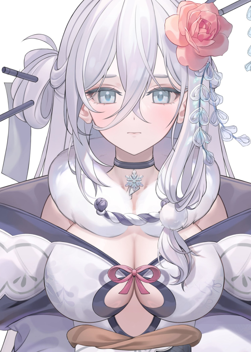 1girl aqua_eyes bangs bow breasts choker cleavage clothing_cutout cropped flower fur_collar hair_flower hair_ornament hairstyle_request harusame_(user_wawj5773) headwear_request highres japanese_clothes koiten_production korean_commentary koyuki_tsurara large_breasts long_hair looking_at_viewer pom_pom_(clothes) pom_pom_hair_ornament ribbon silver_hair simple_background snowflakes solo upper_body very_long_hair white_background