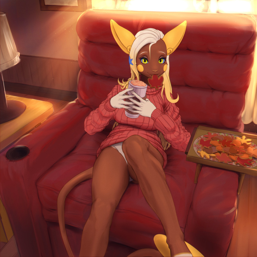 alolan_raichu anthro armchair blonde_hair brown_body chair clothing container cookie cup drxsmokey female food food_in_mouth furniture hair hi_res holding_cup holding_object hot_drink inside lamp light light_beam long_hair looking_at_viewer nintendo pok&eacute;mon pok&eacute;mon_(species) regional_form_(pok&eacute;mon) solo star_marking sunbeam sunlight sweater topwear video_games window yellow_eyes