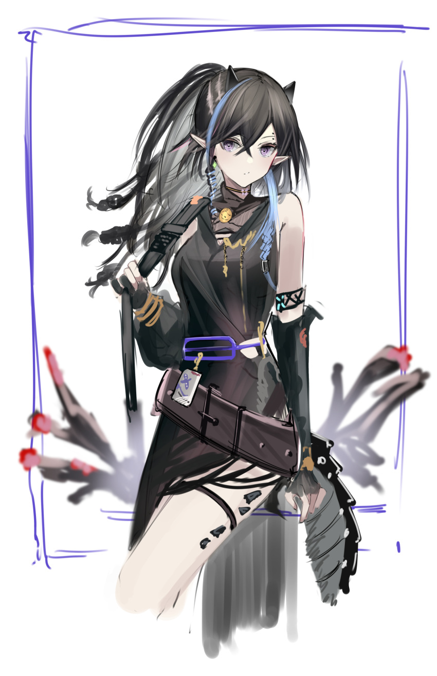 1girl arknights armlet bangs bare_shoulders belt black_dress black_gloves black_hair blacknight_(arknights) blue_hair closed_fan closed_mouth commentary_request dress earrings elbow_gloves eugle_na eyebrows_visible_through_hair folding_fan gloves hand_fan highres holding holding_fan horns jewelry long_hair looking_at_viewer mole_above_eye multicolored_hair oripathy_lesion_(arknights) partially_fingerless_gloves pointy_ears ponytail purple_eyes single_earring sketch sleeveless sleeveless_dress solo streaked_hair thigh_strap thighs two-tone_hair