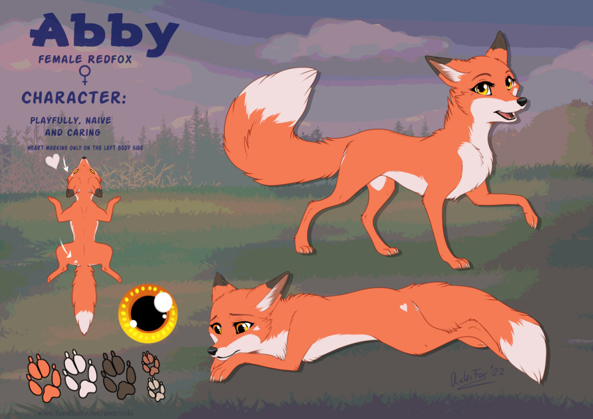 abby_(rukifox) all_fours belly canid canine female feral fox fur heart_on_body lying mammal model_sheet on_front red_body red_fur rukifox solo white_belly yellow_eyes