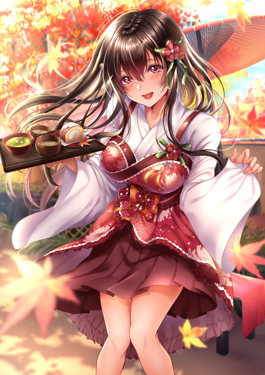 1girl :d autumn autumn_leaves bangs blush breasts brown_hair day eyebrows_behind_hair flower food hair_between_eyes hair_flower hair_ornament highres holding holding_tray japanese_clothes kimono kimono_skirt large_breasts leaf long_hair long_sleeves looking_at_viewer maple_leaf obi open_mouth original outdoors rairaisuruyo red_eyes sash shiny shiny_hair short_kimono skirt smile solo tray white_kimono wide_sleeves