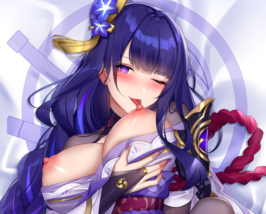 1girl blush braid breast_sucking breasts breasts_outside bridal_gauntlets dakimakura_(medium) eyebrows_visible_through_hair flower genshin_impact hair_flower hair_ornament hand_on_own_chest japanese_clothes kimono large_breasts licking licking_nipple looking_at_viewer mitsudomoe_(shape) mole mole_under_eye one_eye_closed purple_eyes purple_flower purple_hair purple_kimono purple_nails raiden_shogun self_breast_sucking smile tomoe_(symbol) tongue tongue_out upper_body wu_ganlan_cai