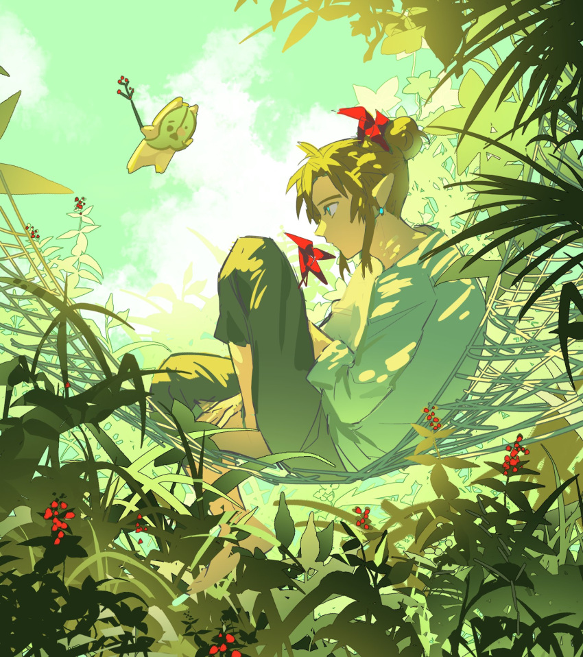 1boy bangs brown_pants brown_shirt commentary duoj_ji earrings from_side green_background hair_bun hammock highres jewelry korok long_sleeves nature outdoors palm_tree pants pointy_ears profile shirt sitting solo the_legend_of_zelda the_legend_of_zelda:_breath_of_the_wild tree white_background
