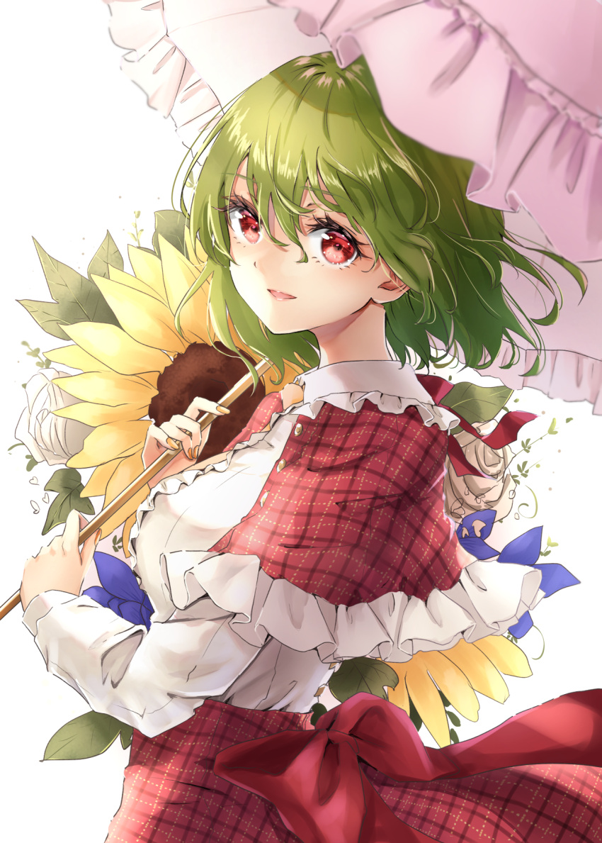 1girl capelet fingernails flower green_hair hair_between_eyes highres holding holding_umbrella kazami_yuuka long_sleeves nail_polish open_mouth orange_nails parasol pink_umbrella plaid plaid_capelet plaid_skirt red_capelet red_eyes red_skirt shironeko_yuuki shirt short_hair simple_background skirt smile solo sunflower touhou umbrella white_background white_shirt yellow_flower