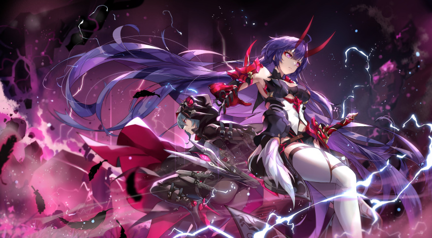 2girls armor ass bangs black_bodysuit black_cape black_hair bodysuit bow_(weapon) breasts cape cleavage cloak electricity feathers gauntlets highres holding holding_bow_(weapon) holding_weapon honkai_(series) honkai_impact_3rd hood horns japanese_armor katana long_hair multiple_girls pale_skin purple_eyes purple_hair raiden_mei raiden_mei_(herrscher_of_thunder) raven_(honkai_impact_3rd) red_eyes sheath sheathed silver_hair single_gauntlet smile sword thighhighs thighs very_long_hair weapon white_legwear zombie-andy