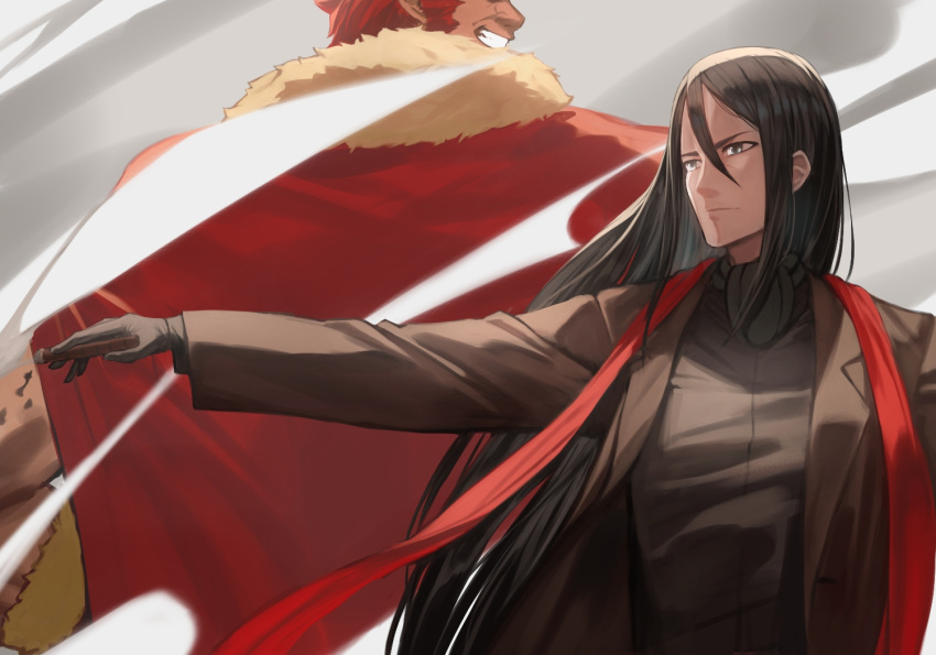 2boys back-to-back bangs black_hair brown_jacket cape chorogon cigar closed_mouth fate/grand_order fate_(series) fur_trim grin hair_between_eyes height_difference holding holding_cigar iskandar_(fate) jacket long_hair long_sleeves lord_el-melloi_ii male_focus multiple_boys open_clothes open_jacket red_cape red_hair red_scarf royal_robe scarf short_hair smile upper_body waver_velvet