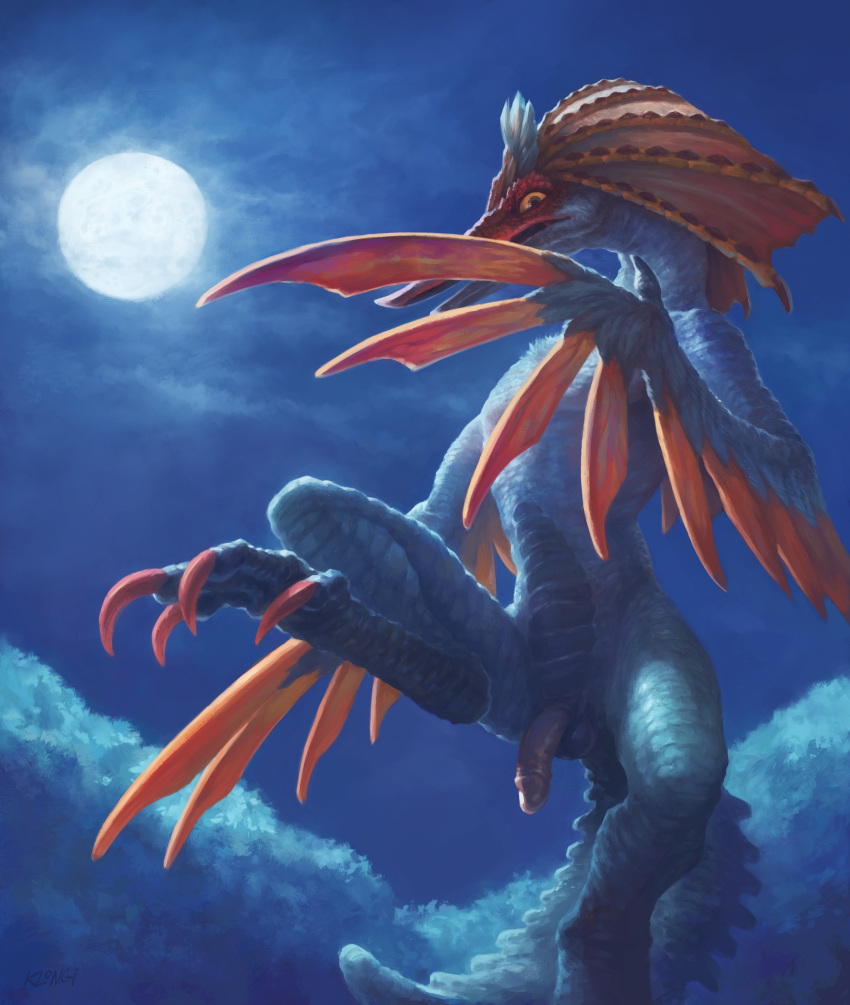 2022 absurd_res aknosom anthro balls beak biped capcom claws digital_media_(artwork) flaccid flying_wyvern full_moon genitals hi_res humanoid_genitalia humanoid_penis klongi looking_down_at_viewer low-angle_view male monster_hunter monster_hunter_rise moon night_sky one_leg_up outside penis raised_leg red_beak red_body scales solo toe_claws video_games white_body white_scales winged_arms wings yellow_sclera