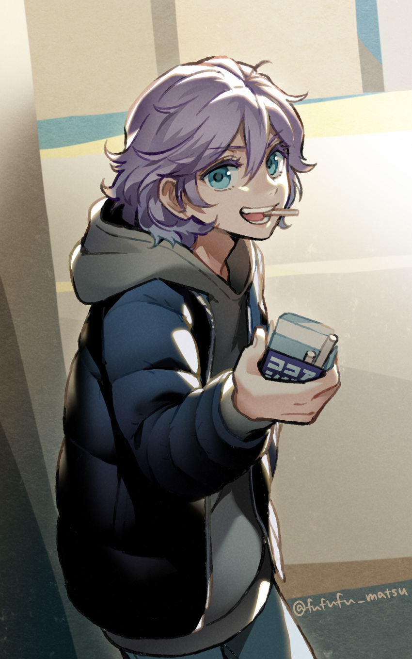 &gt;:) 1boy androgynous blue_eyes cigarette cigarette_pack epel_felmier funuyu grey_shirt highres hood hood_down jacket long_sleeves looking_at_viewer pale_skin pants purple_hair shirt smirk twisted_wonderland v-shaped_eyebrows