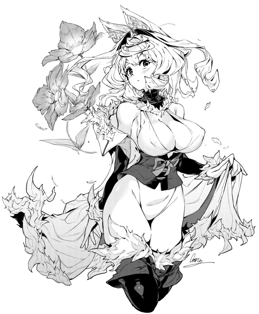 1girl animal_ears artist_name bangs breasts cape cat_ears cleavage closed_mouth corset covered_nipples croriin elbow_gloves flower fur-trimmed_cape fur-trimmed_collar fur-trimmed_gloves fur-trimmed_legwear fur_trim gloves greyscale hair_intakes highleg highleg_leotard highres large_breasts leotard leotard_under_clothes looking_at_viewer mashiro_(croriin) medium_hair monochrome origami original signature simple_background sketch solo thighhighs white_background