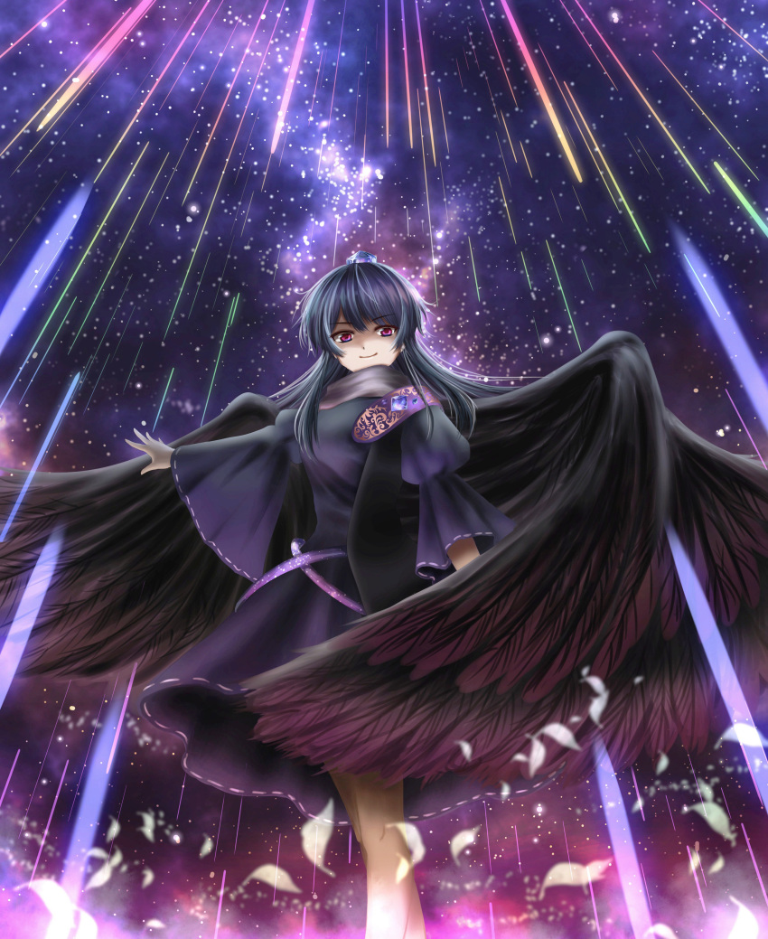 1girl absurdres bird_wings black_coat black_wings blue_dress blue_hair blue_headwear breasts closed_mouth coat commentary_request dress feathered_wings feathers gem happy hat highres iizunamaru_megumu juliet_sleeves long_hair long_sleeves myanmyanhana-f-t-9220 night night_sky outstretched_arms puffy_sleeves purple_eyes ribbon_trim shooting_star shoulder_guard sky sleeveless_coat small_breasts smile standing star_(sky) tengu tokin_hat touhou white_feathers wings