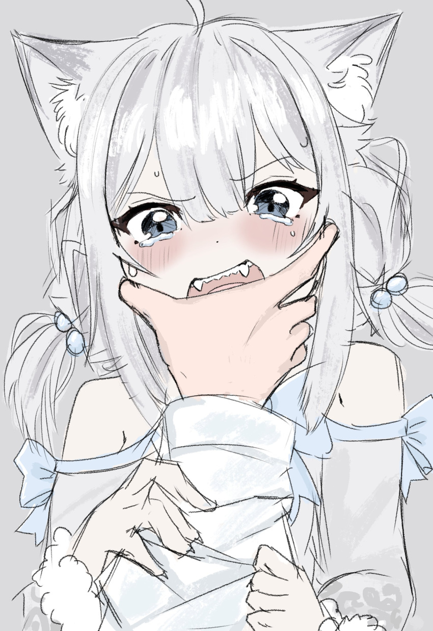 1girl absurdres amaris_yuri amaris_yuri_(artist) animal_ear_fluff animal_ears blush cat_ears cat_girl clothing_cutout cyberlive dress english_commentary fangs grey_background grey_dress grey_eyes grey_hair highres low_twintails meme open_mouth pov shoulder_cutout sketch solo_focus spit_out_my_fucking_hamster_(meme) tearing_up textless twintails virtual_youtuber