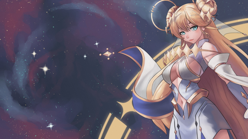 1girl blonde_hair blue_eyes blue_gloves breasts clothing_cutout cyberlive double_bun dress eyebrows_behind_hair gloves highres kaneko_lumi light_smile long_hair looking_to_the_side medium_breasts navel navel_cutout roober solo space star_(sky) underboob very_long_hair virtual_youtuber white_dress