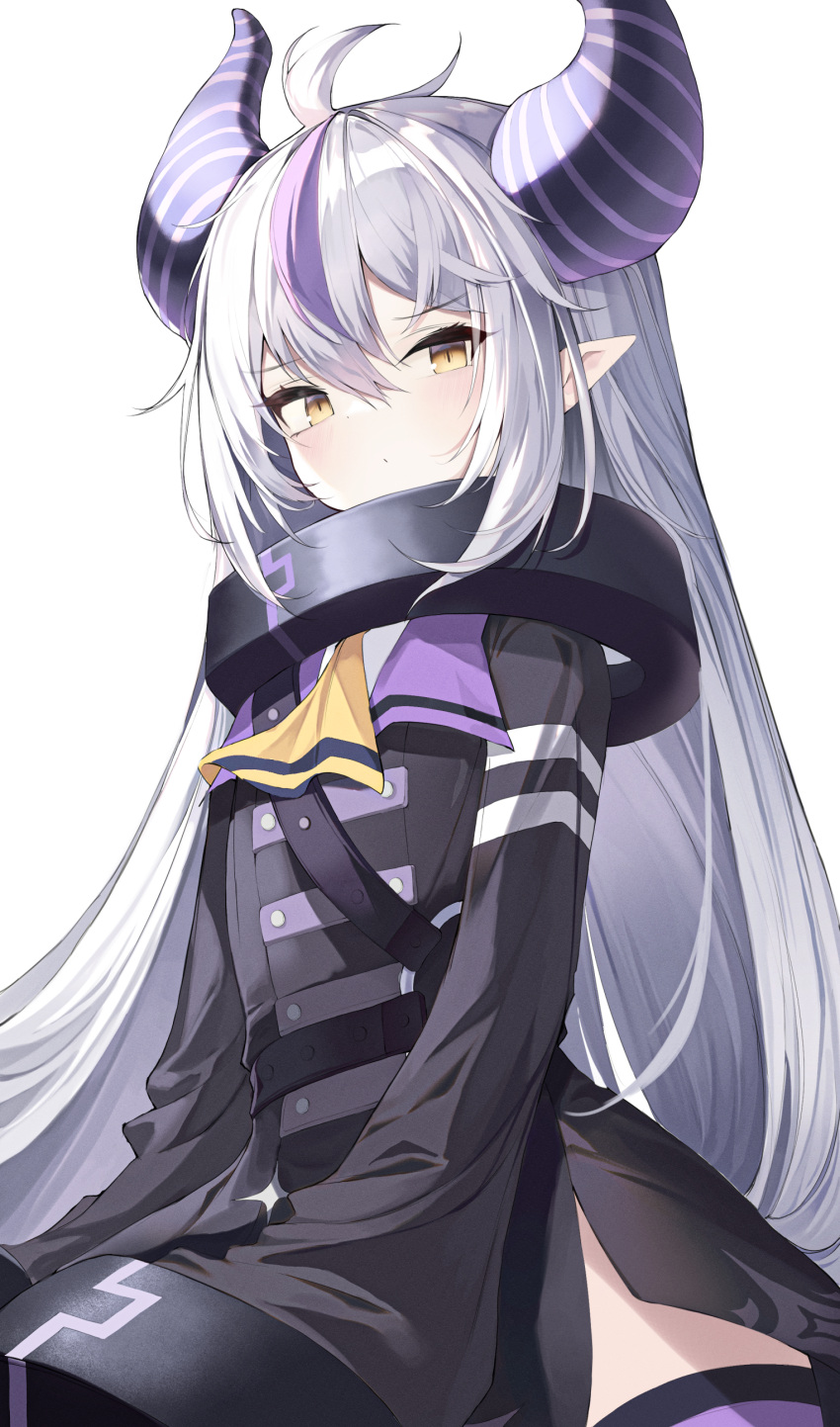1girl absurdres ahoge ahr_tato ascot bangs black_dress blush collar commentary demon_horns dress elbow_gloves eyebrows_visible_through_hair gloves hair_between_eyes highres hololive horns la+_darknesss long_hair long_sleeves looking_at_viewer metal_collar multicolored_hair purple_hair silver_hair simple_background solo streaked_hair symbol-only_commentary very_long_hair virtual_youtuber white_background yellow_ascot yellow_eyes