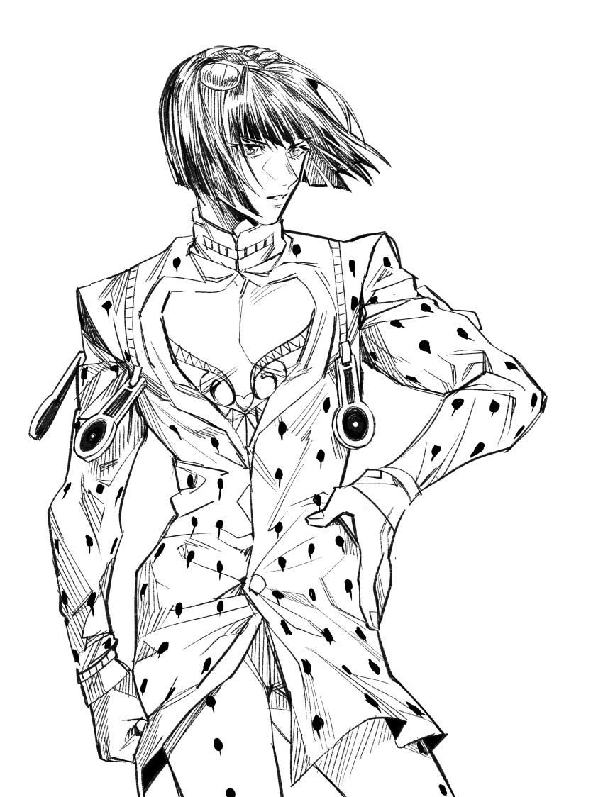 1boy absurdres bob_cut bruno_buccellati greyscale hair_ornament hairclip highres jojo_no_kimyou_na_bouken male_focus mogloh1310 monochrome pectoral_cleavage pectorals solo vento_aureo zipper zipper_pull_tab