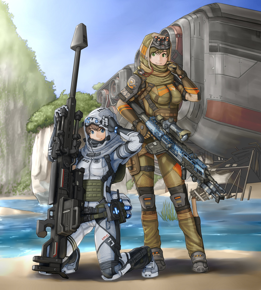 2girls black_gloves blue_eyes bodysuit breasts brown_bodysuit brown_gloves brown_hair d-101_longbow gloves goggles goggles_on_head green_eyes grey_bodysuit gun hdfm highres holding holding_gun holding_weapon hood hood_up kneeling kraber medium_breasts multiple_girls pilot_suit rifle scope smile sniper_rifle space_craft titanfall titanfall_(series) water weapon