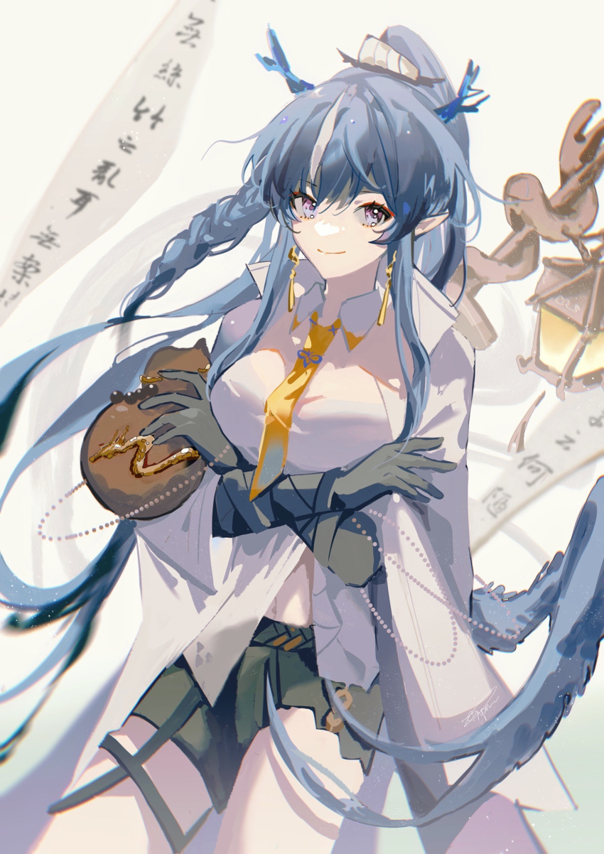 1girl absurdres arknights bangs black_gloves black_skirt blue_hair braid breasts c6h3n3o6 closed_mouth coat collared_shirt cowboy_shot crossed_arms dragon_girl dragon_horns dragon_tail earrings elbow_gloves eyebrows_visible_through_hair gloves gourd highres holding horns jewelry lantern ling_(arknights) long_hair looking_at_viewer medium_breasts miniskirt multicolored_hair necktie open_clothes open_coat pointy_ears ponytail purple_eyes shirt side_braid simple_background skirt smile solo streaked_hair tail translation_request two-tone_hair very_long_hair white_background white_coat white_hair white_shirt yellow_necktie